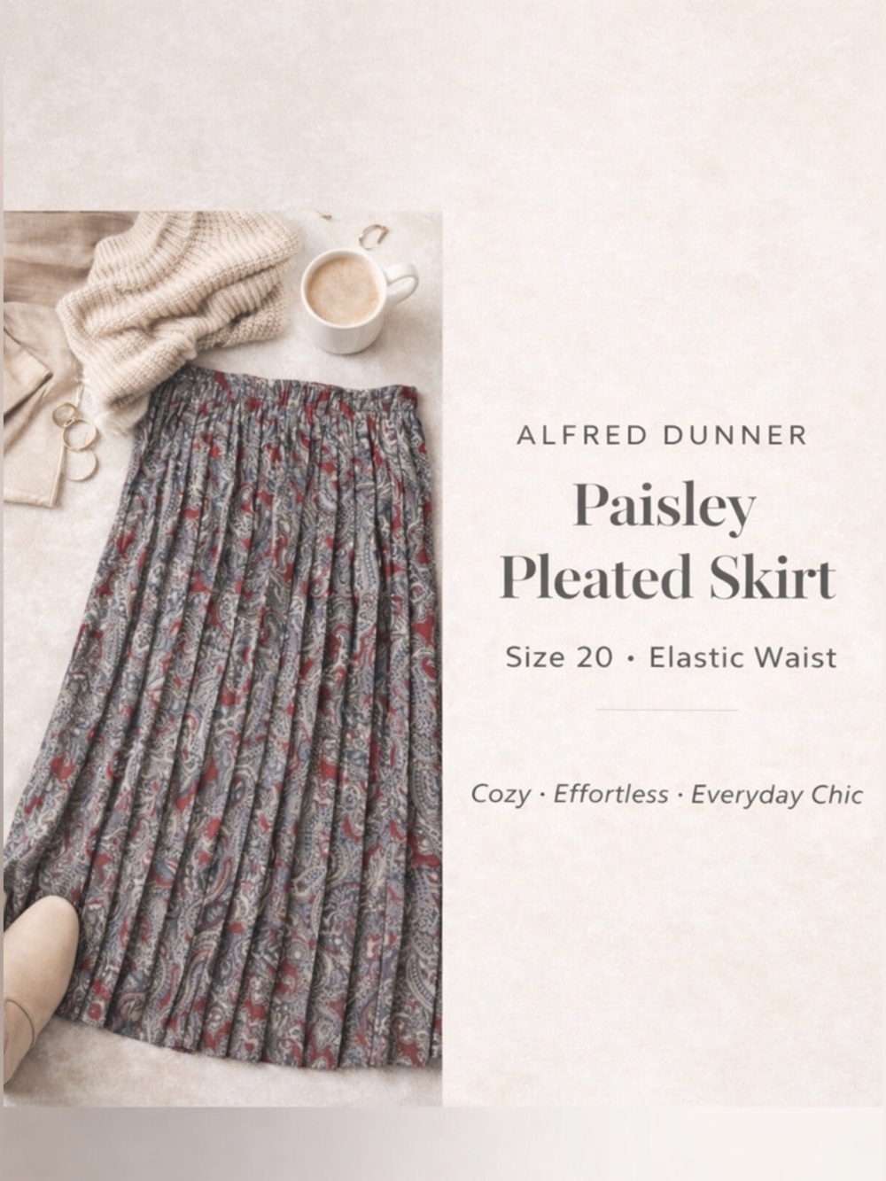 Alfred Dunner Paisley Pleated Skirt Size 20 Red Gray Elastic Waist